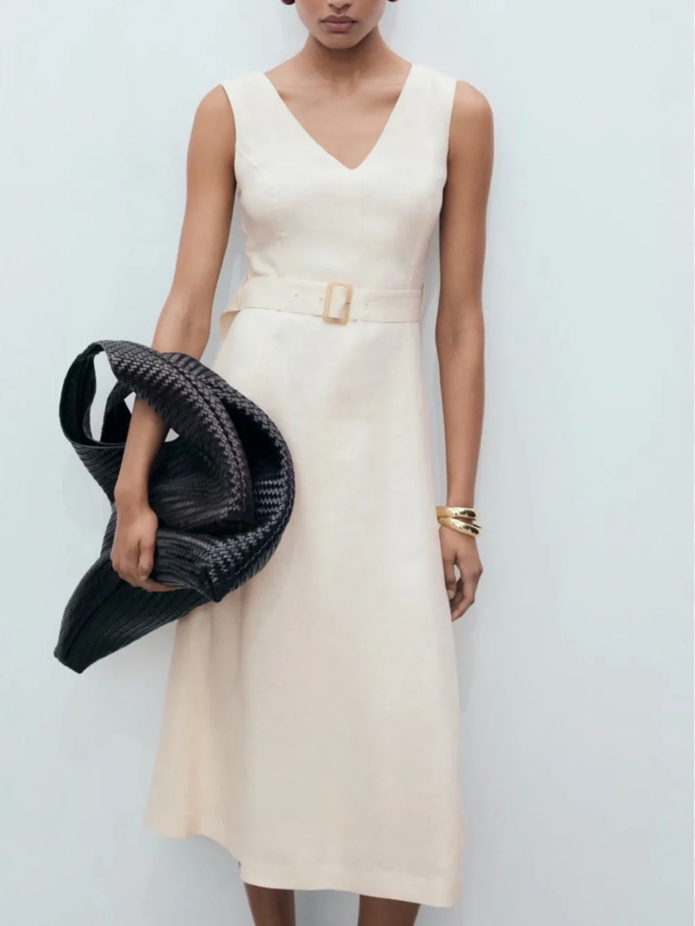 Mango Cream V‑Neck Belted Midi Dress - Picture 1 of 7